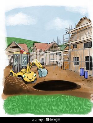 Illustration of a yellow cartoon digger in situation by Matt Corrigan Stock Photo