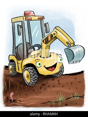 Illustration of a yellow cartoon digger in situation by Matt Corrigan Stock Photo