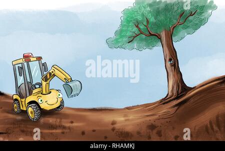 Illustration of a yellow cartoon digger in situation by Matt Corrigan Stock Photo