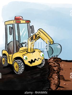 Illustration of a yellow cartoon digger in situation by Matt Corrigan Stock Photo