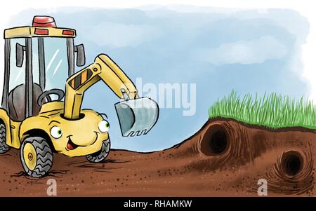 Illustration of a yellow cartoon digger in situation by Matt Corrigan Stock Photo