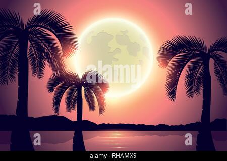 paradise palm beach at full moon in purple colors vector illustration EPS10 Stock Vector