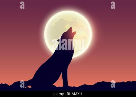 wolf howls at full moon silhouette vector illustration EPS10 Stock Vector