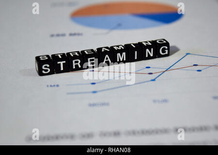 Streaming on wooden blocks. Technology Data Network Transfer Concept Stock Photo