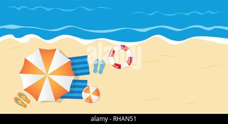 summer holiday on the beach top view with parasol flip flops ball and lifebelt vector illustration EPS10 Stock Vector