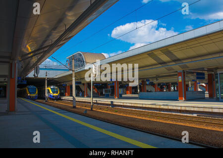 Krakow, Poland - July 12th 2018. Trains in the new central train station in Krakow which opened in 2014 Stock Photo