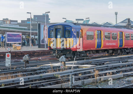 31st January 2019; Clapham Junction, London, UK; Train at Station. Tracks in Foreground and Platform Behind Stock Photo