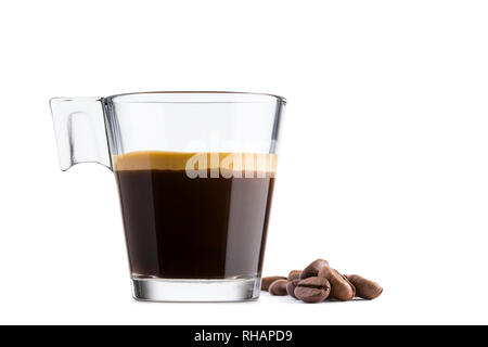 Black coffee in glass cup with coffee beans on white background Stock Photo