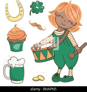 PATRICK'S DEMO Saint Patrick's Day Cartoon Vector Illustration Set for Print, Fabric and Decoration. Stock Vector