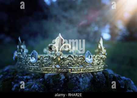 mysterious and magical photo of gold king crown over the stone covered with moss in the England woods or field landscape with light flare. Medieval pe Stock Photo