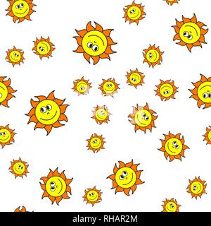 Seamless pattern of suns in cartoon style. On white background, vector illustration. Stock Vector