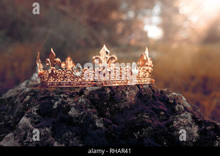 mysterious and magical photo of gold king crown over the stone covered with moss in the England woods or field landscape with light flare. Medieval pe Stock Photo