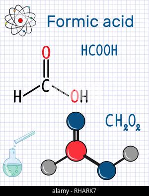 Formic acid (methanoic) molecule. Structural chemical formula and molecule model. Sheet of paper in a cage.Vector illustration Stock Vector