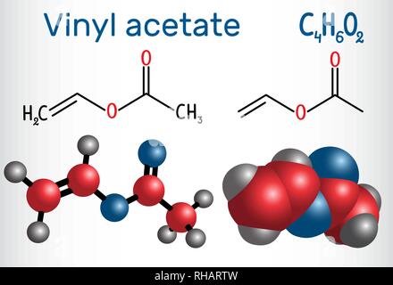 Vinyl acetate molecule. It is the precursor to polyvinyl acetate (PVA) . Structural chemical formula and molecule model. Vector illustration Stock Vector