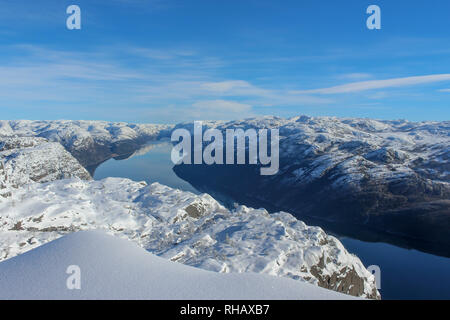 Preikestolen in Winter, view from Preikestolen on Lysefjord, Stavanger, Norway Stock Photo