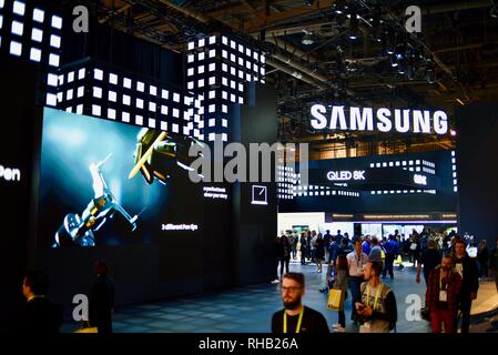 Samsung exhibit booth display entrance, featuring QLED 8K TV (television) at CES, world's largest consumer electronic show, Las Vegas, NV, USA