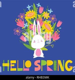 Vector card with flowers, rabbit  and Hello Spring lettering Stock Vector