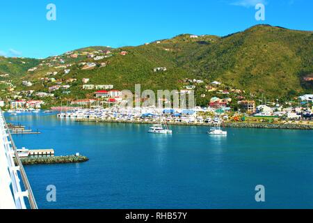 A scenic view of the port and surrounding landscape of Road Town, Tortola, the largest of the British Virgin Islands. Stock Photo
