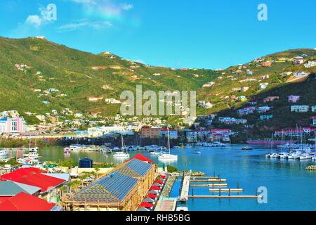 A scenic view of the port and surrounding landscape of Road Town, Tortola, the largest of the British Virgin Islands. Stock Photo