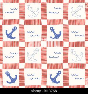 Hand-Drawn Nautical Plaid with Anchors and Waves Vector Seamless Pattern. Marine Background. Sea, Ocean Elements. Stock Vector