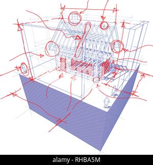3d illustration of diagram of a framework construction of a detached house with 3D dimensions and hand drawn sketches and notes over it Stock Vector