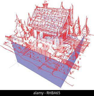 3d illustration of diagram of a framework construction with hand drawn sketch of simple detached house with fence and trees and car Stock Vector
