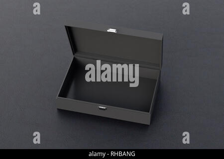 Black open empty long box or casket on black background Stock Photo