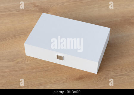 White closed long box or casket on wooden background Stock Photo