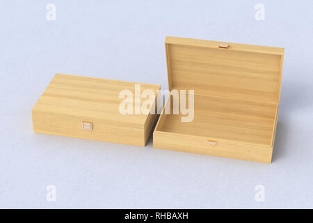 Open and closed empty wooden long boxes or caskets on white background Stock Photo