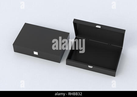 Open and closed empty black long boxes or caskets on white background Stock Photo