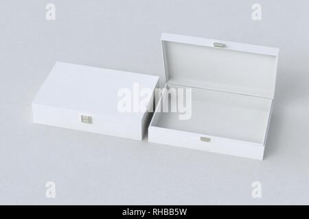 Open and closed empty white long boxes or caskets on white background Stock Photo