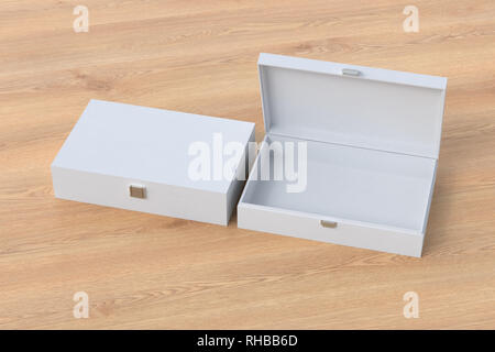 Open and closed empty white long boxes or caskets on wooden background Stock Photo