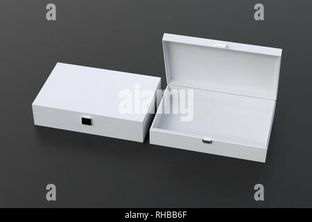 Open and closed empty white long boxes or caskets on black background Stock Photo