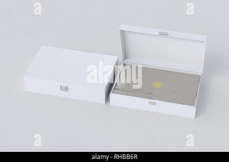 Open and closed white long boxes or caskets with wrapping foil on white background Stock Photo