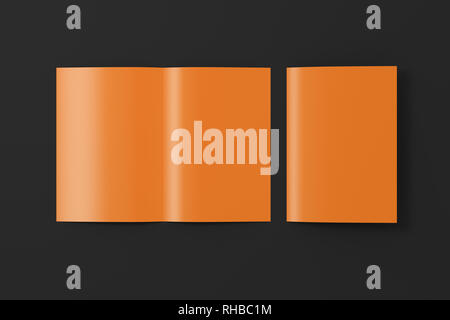 Blank brown open and folded half-folded flyer leaflet on black background. With clipping path around brochure Stock Photo