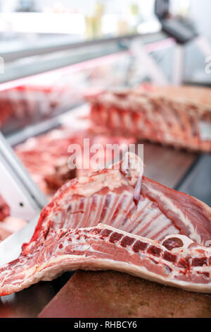 Meat prepared for sale in butcher’s shop Stock Photo