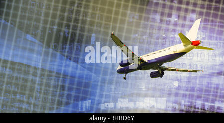 Airliner in motion on abstract background of highrise and binary code Stock Photo
