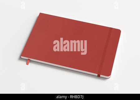 Red horizontal notebook with elastic band on white background Stock Photo