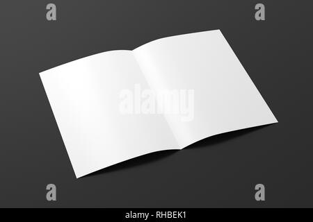 Blank white half-folded flyer leaflet on black background. With clipping path around brochure Stock Photo