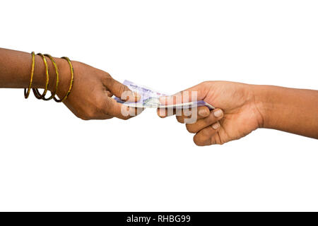 Close up of hands Indian women taking money on isolated background Stock Photo