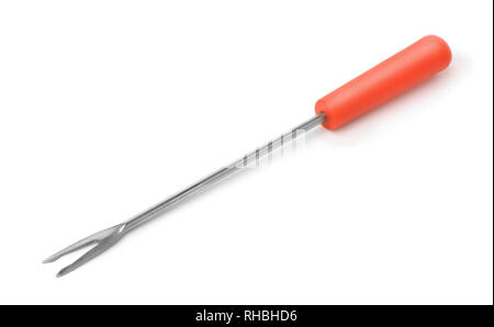 Fondue fork with red plastic handle isolated on white Stock Photo