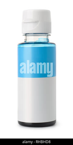 Front view of blue printer ink bottle with blank label isolated on white Stock Photo
