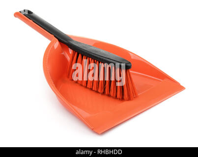 Red plastic dustpan and brush isolated on white Stock Photo