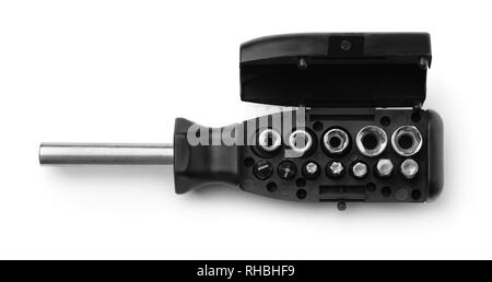 Top view of screwdriver set with interchangeable bits isolated on white Stock Photo