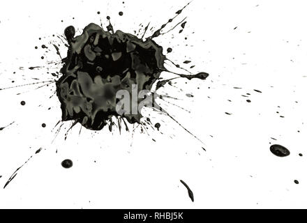 Splash and splatters of spilled paint of black color on white surface Stock Photo