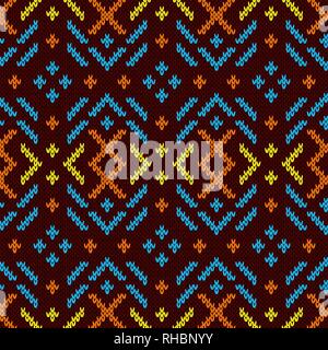 Contrast colorful knitted seamless pattern in orange, blue, orange and yellow tones on the dark red background, vector pattern as a fabric texture Stock Vector