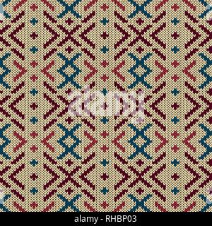 Mute colorful knitted seamless pattern in red, blue and pink tones on the beige background, vector pattern as a fabric texture Stock Vector