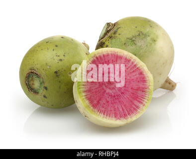 Whole and Sliced Watermelon radish isolated on white background Stock Photo