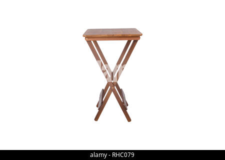 Outdoor wooden dining table with two stools on white background Stock Photo