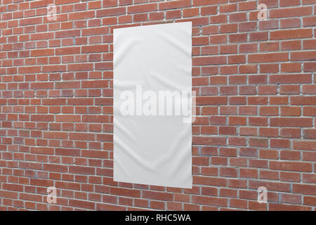 Blank vertical wrinkled street poster on brick wall. With clipping path around poster Stock Photo